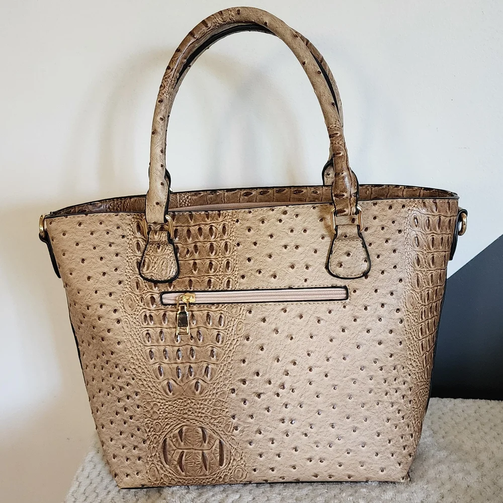 Tan Ostrich-Textured Satchel with Gold Hardware - Picture 5 of 5